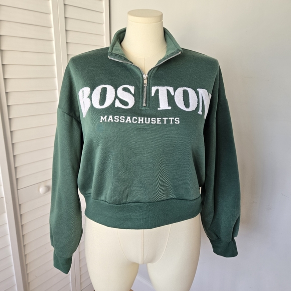 Orange Kiss Green Boston Massachusetts Zip Sweatshirt Size L Preppy Collegiate - Picture 1 of 9